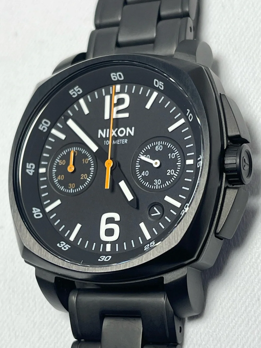 Nixon Charger Black Stainless Steel Chronograph Watch with Orange Hands